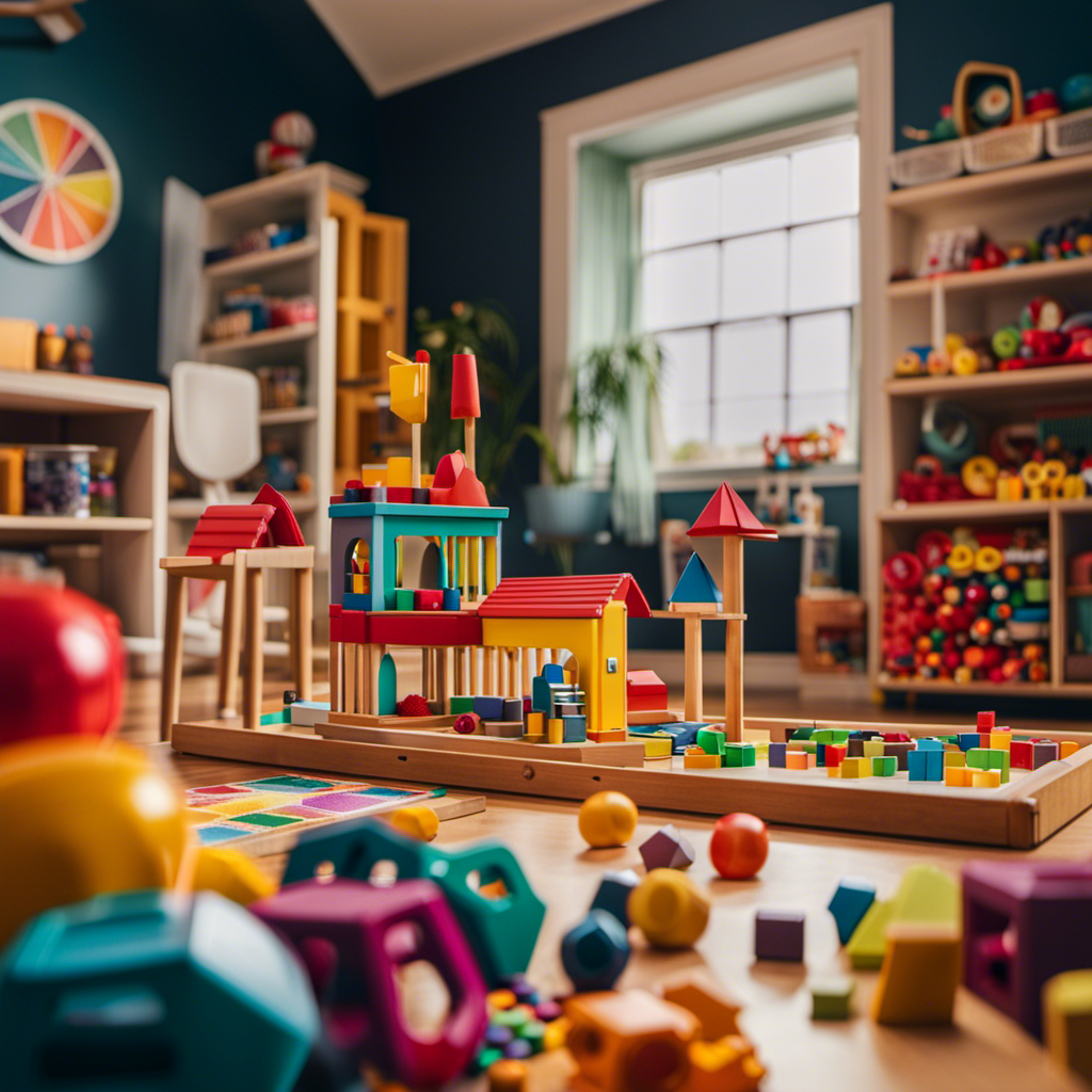 An image showcasing a vibrant playroom, filled with a plethora of engaging preschool toys in various shapes and colors