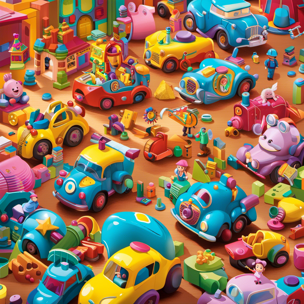 An image capturing the playful chaos of 2023's Toy Revolution: A vibrant montage of preschool toys bursting with colors, scattered across a whimsical landscape, where giggles and imagination reign supreme
