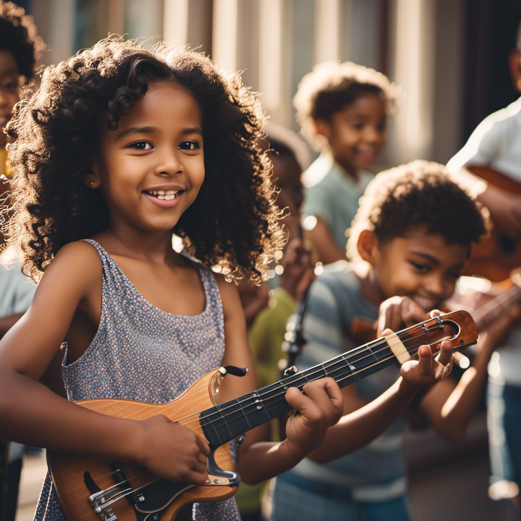 An image showcasing a diverse group of children engaging in music-related activities such as playing instruments, singing, dancing, and listening attentively