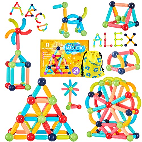 BrainSpark 64PCS DigitBuilders, Fun & Educational Magnetic Building Sticks and Balls for Kids STEM Learning, Montessori Preschool Toys