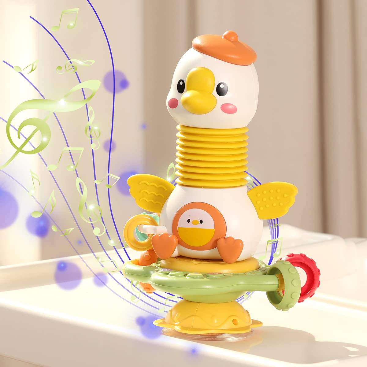 2 in 1 Baby Toys High Chair Rattle Toy with Suction Base Cup for Babies 6-12 Months Infant Music Fine Motor Montessori Toy for Toddler Activities 1 2 3 Year Old Boy Girl Stroller Travel Essentials Goose