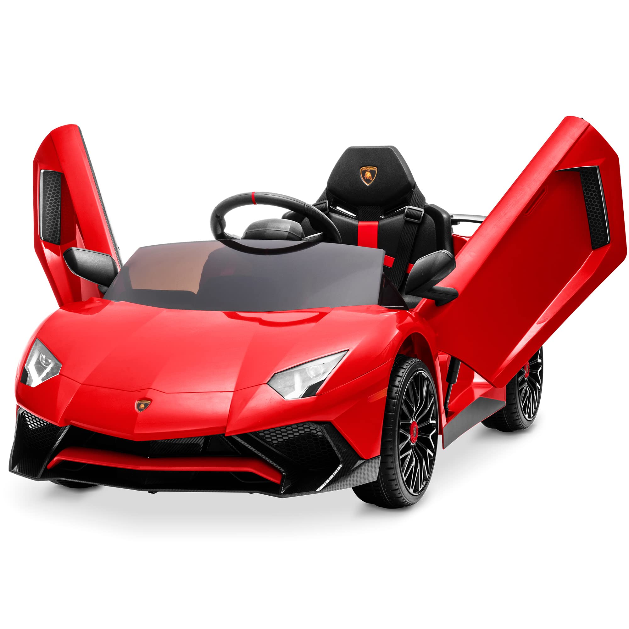 Kidzone Kids Electric Ride On 12V Licensed Lamborghini Aventador Battery Powered Sports Car Toy with 2 Speeds, Parent Control, Sound System, LED Headlights & Hydraulic Doors - Red