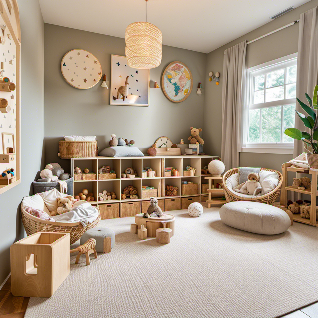 An image of a cozy Montessori-inspired playroom, bathed in soft natural light