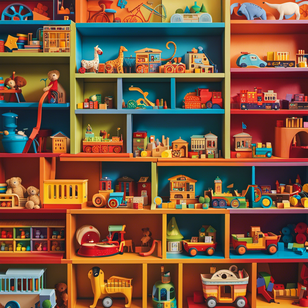 An image of a colorful toy shelf brimming with engaging playthings for preschoolers, showcasing a variety of educational puzzles, building blocks, vibrant art supplies, and cuddly stuffed animals, to captivate their imaginations and foster their development