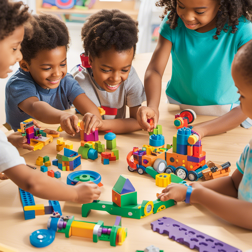 An image showcasing a diverse group of 5-year-olds deeply engaged in play, surrounded by an array of STEM toys like building blocks, puzzles, coding robots, and magnetic science kits, promoting age-appropriate learning and fun