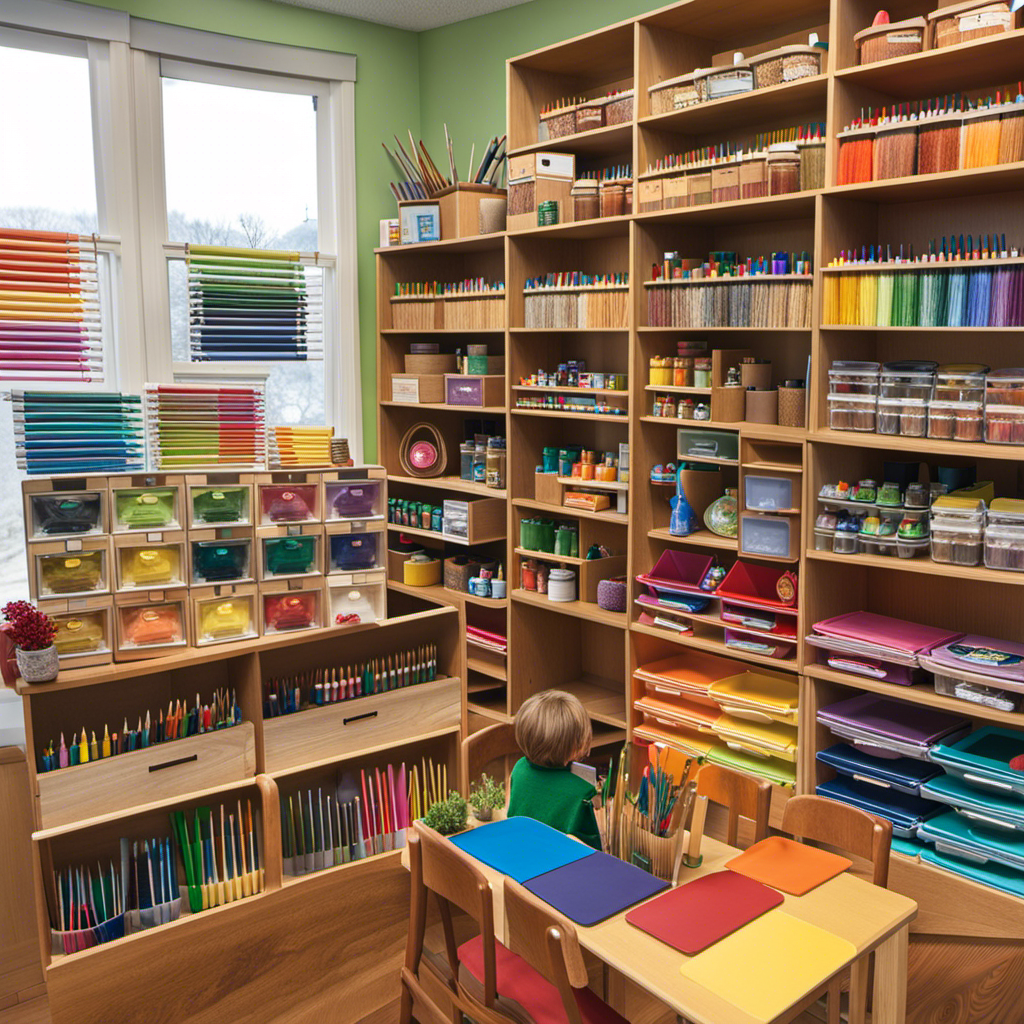 An image capturing a Montessori classroom filled with vibrant art supplies and educational tools