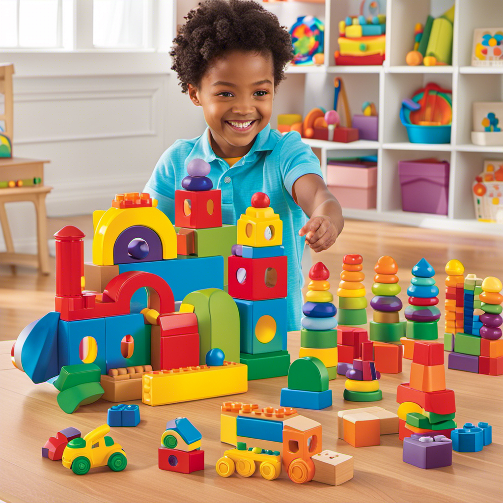 An image that showcases a colorful array of meticulously designed and innovative preschool toys, featuring vibrant building blocks, interactive puzzles, plush animals, imaginative playsets, and engaging art supplies
