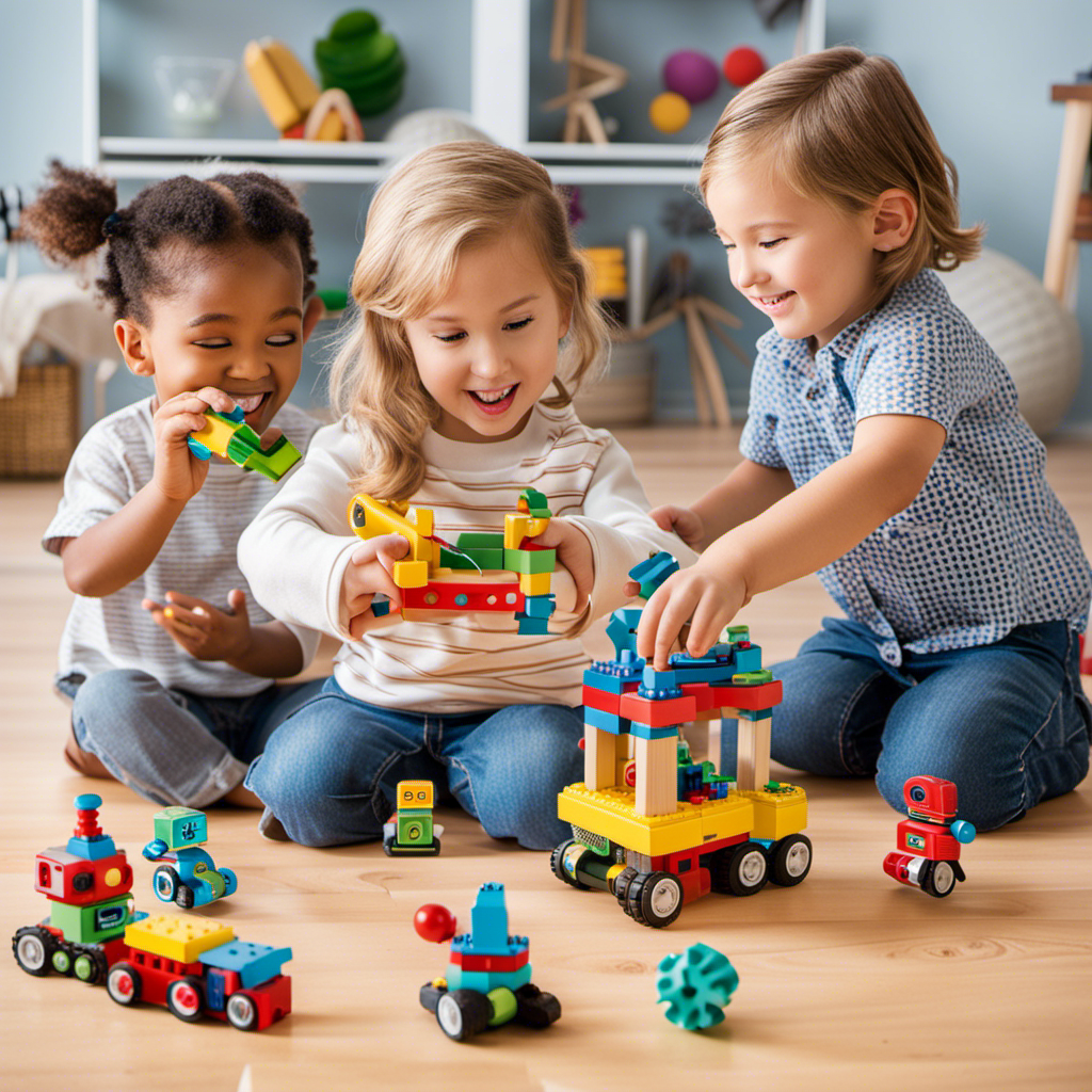 An image showcasing a diverse group of toddlers eagerly engaging with STEM toys, their faces beaming with wonder and curiosity