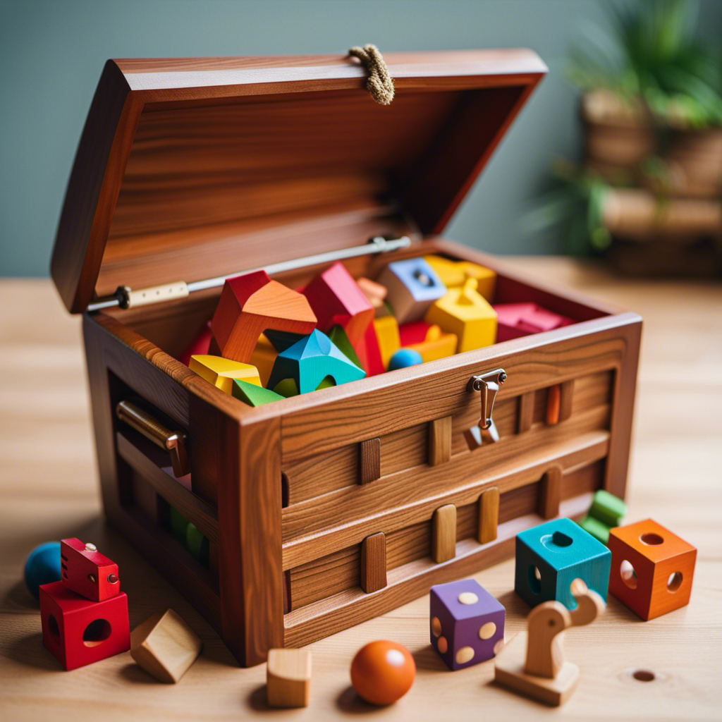 An image showcasing a wooden toy chest overflowing with vibrant, handcrafted toys