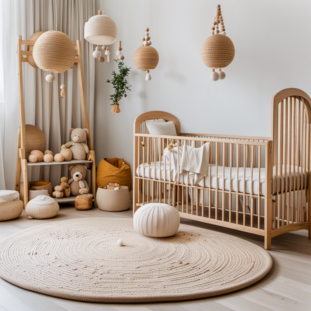 An image showcasing a serene nursery environment, featuring a cozy baby mobile gently swaying above a carefully arranged Montessori-inspired play mat, adorned with natural wooden toys, soft sensory objects, and a mirror for self-discovery