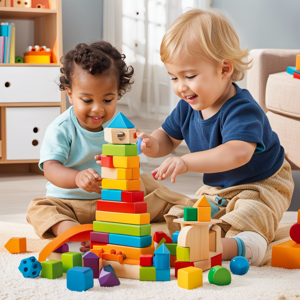 An image that showcases a cheerful toddler engrossed in playing with educational toys, surrounded by colorful blocks, puzzles, and interactive toys, highlighting the joy and cognitive growth these toys bring