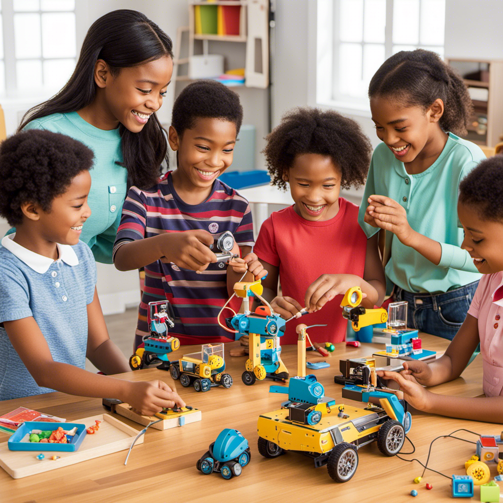 An image showcasing a diverse group of children engaged in hands-on activities with STEM learning toys, their faces filled with excitement and curiosity