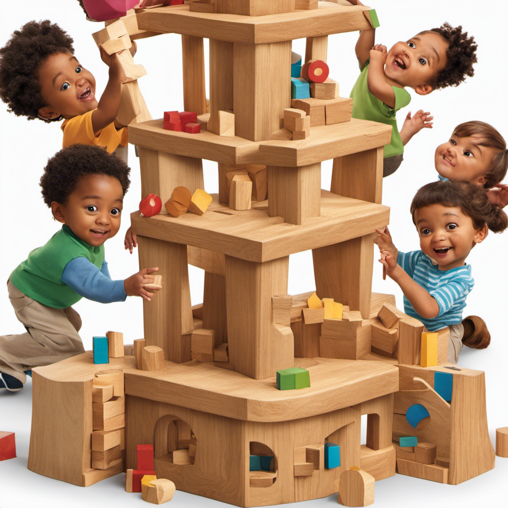 An image of a diverse group of preschoolers huddled around a wooden block tower, their curious eyes gleaming with excitement as they collaborate, problem-solve, and experience pure joy in their exploration of the world through play