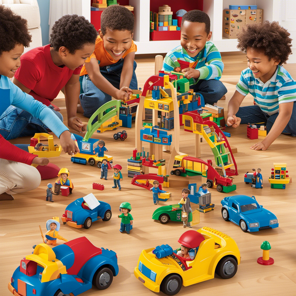 An image showcasing preschool boys happily engaged in imaginative play with a diverse range of toys like action figures, building blocks, art supplies, and vehicles, breaking free from traditional stereotypes