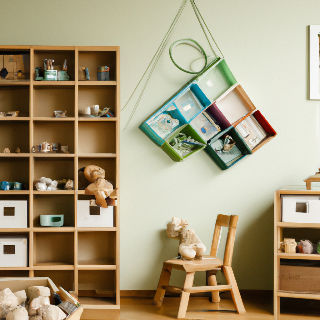 An image showcasing a serene Montessori-inspired playroom adorned with wooden toys, natural materials, and open shelves filled with carefully arranged learning materials, reflecting the calm and thoughtful philosophy of Montessori education