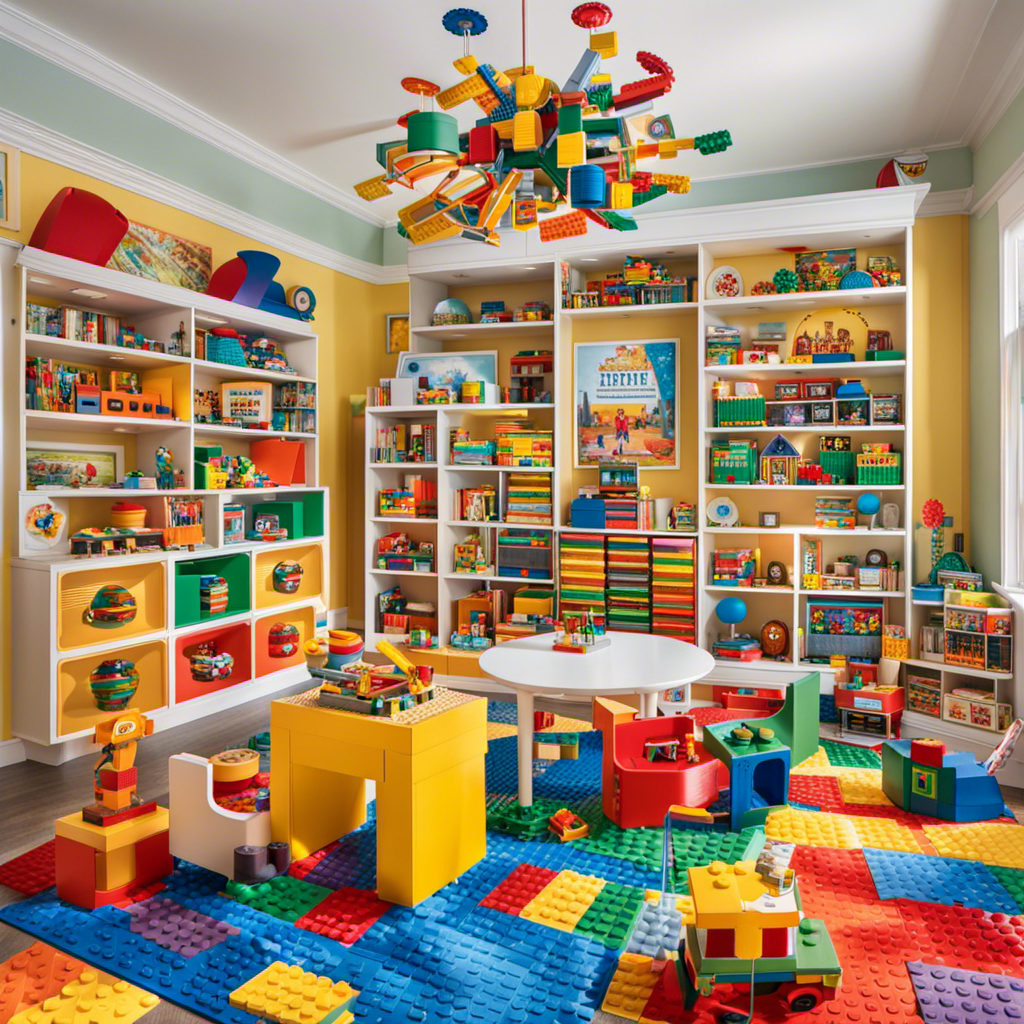 An image showcasing a vibrant playroom filled with iconic preschool toys from 2023
