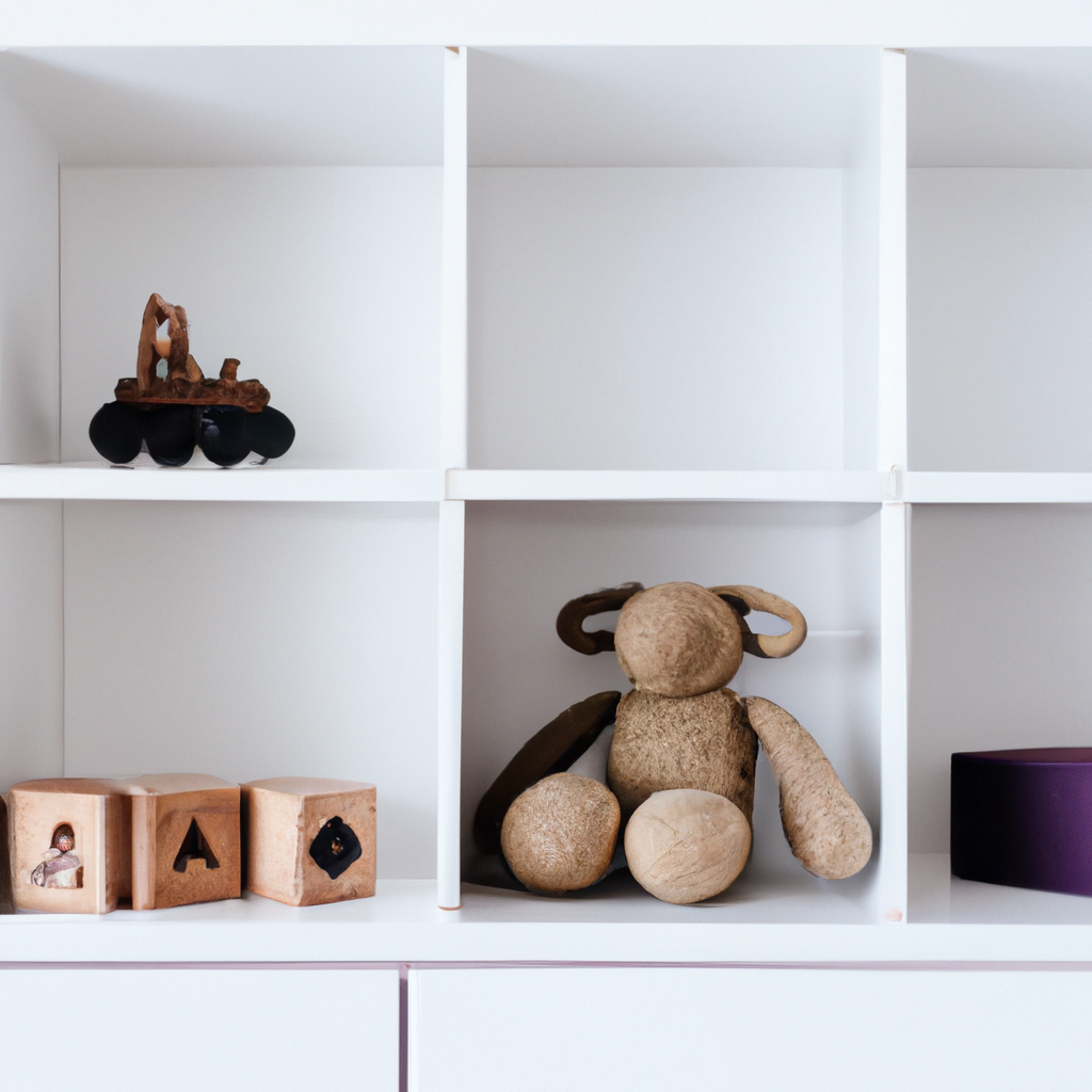 An image showcasing a fashionable playroom, with sleek Montessori-inspired toys displayed on minimalist shelves