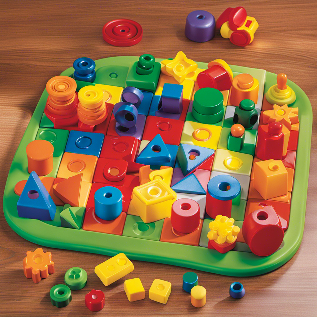 An image showcasing a colorful array of preschool manipulative toys, including puzzles, blocks, beads, and lacing cards, arranged neatly on a vibrant play mat, inviting young hands to explore and develop their fine motor skills