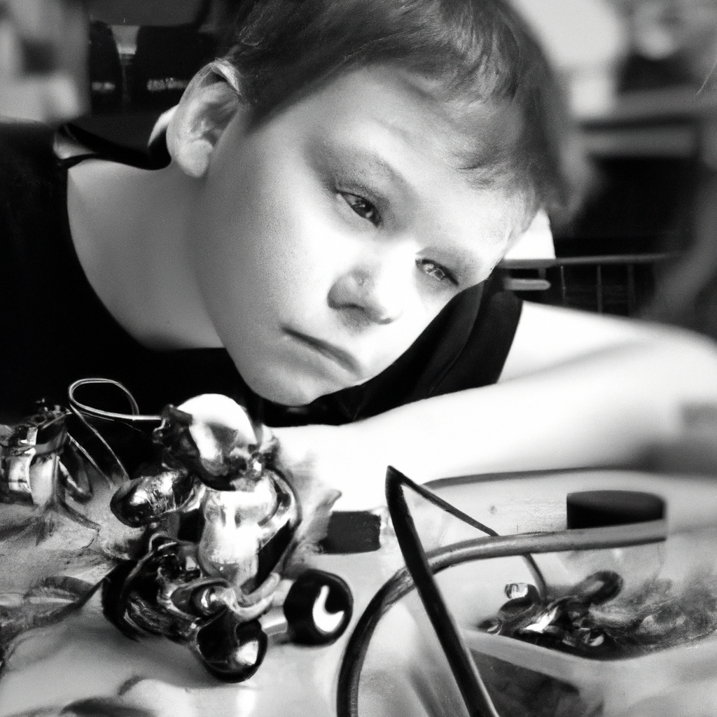 Capture a dynamic image showcasing a young boy engrossed in play, surrounded by a diverse array of STEM toys