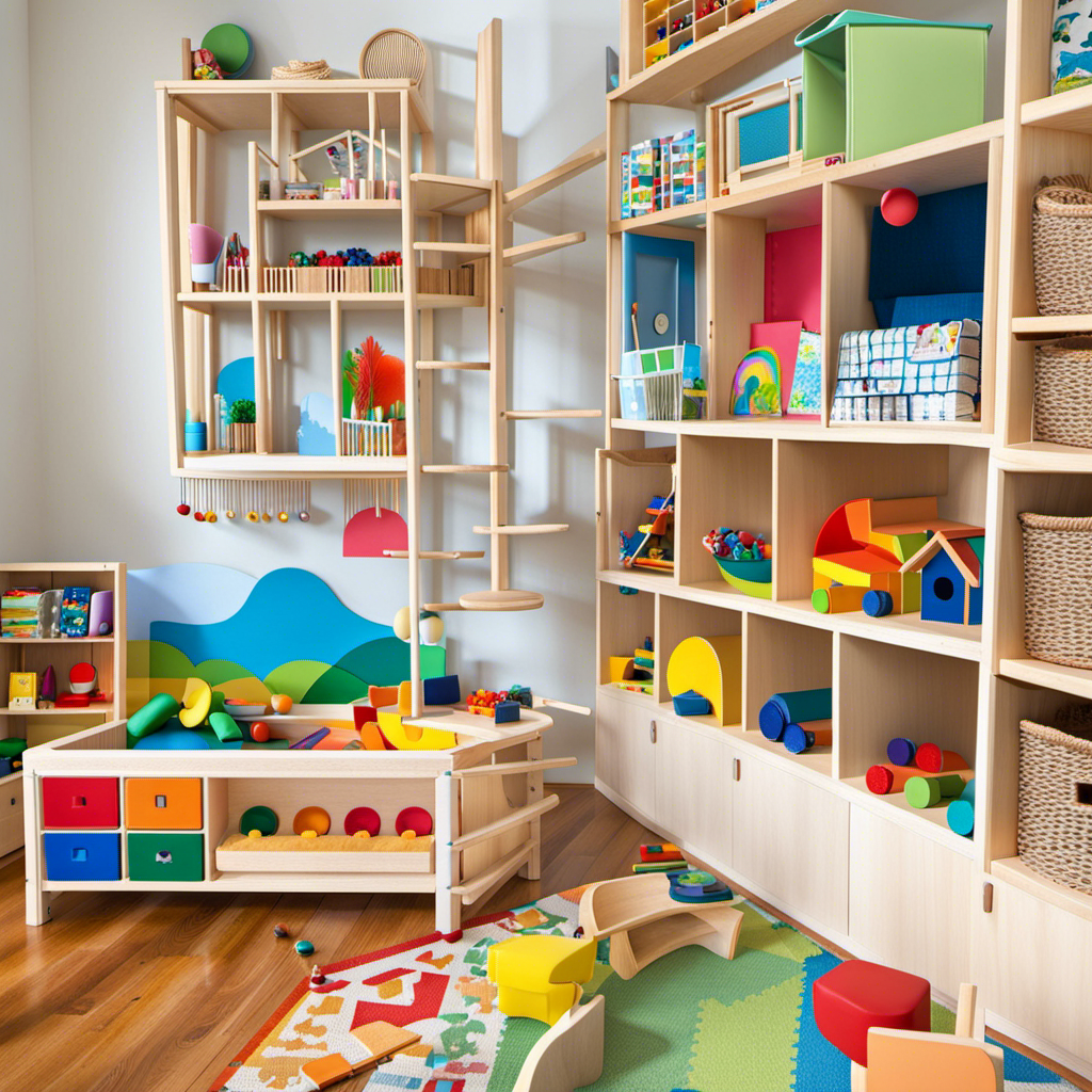 An image showcasing a bright, open playroom filled with Montessori-inspired toys for five-year-olds