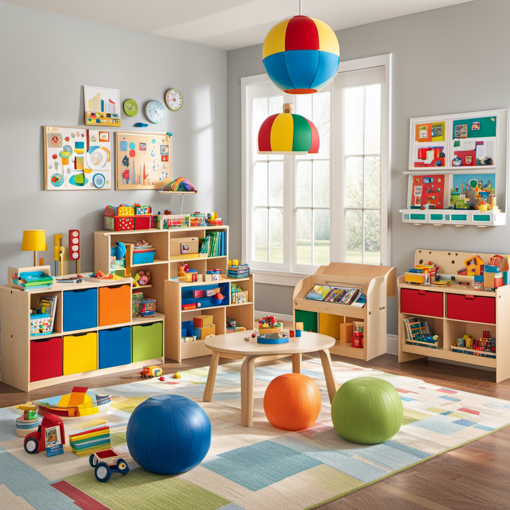 An image showcasing a colorful playroom, filled with seven essential preschool educational toys that seamlessly combine fun and learning, such as puzzles, building blocks, art supplies, and interactive games
