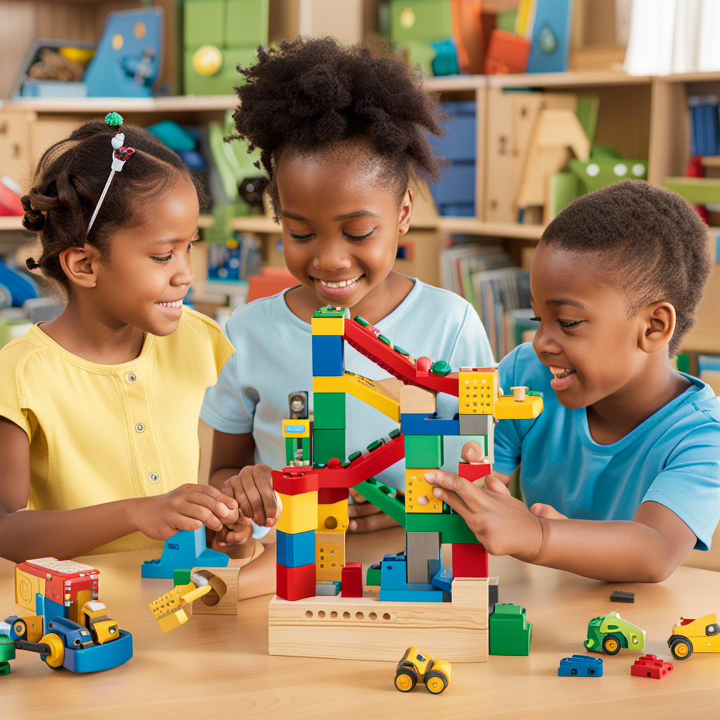 An image showcasing a diverse group of 5-year-olds engrossed in interactive STEM toys, such as building blocks, magnetic puzzles, and microscopes, fostering their curiosity and bridging the gap between play and science