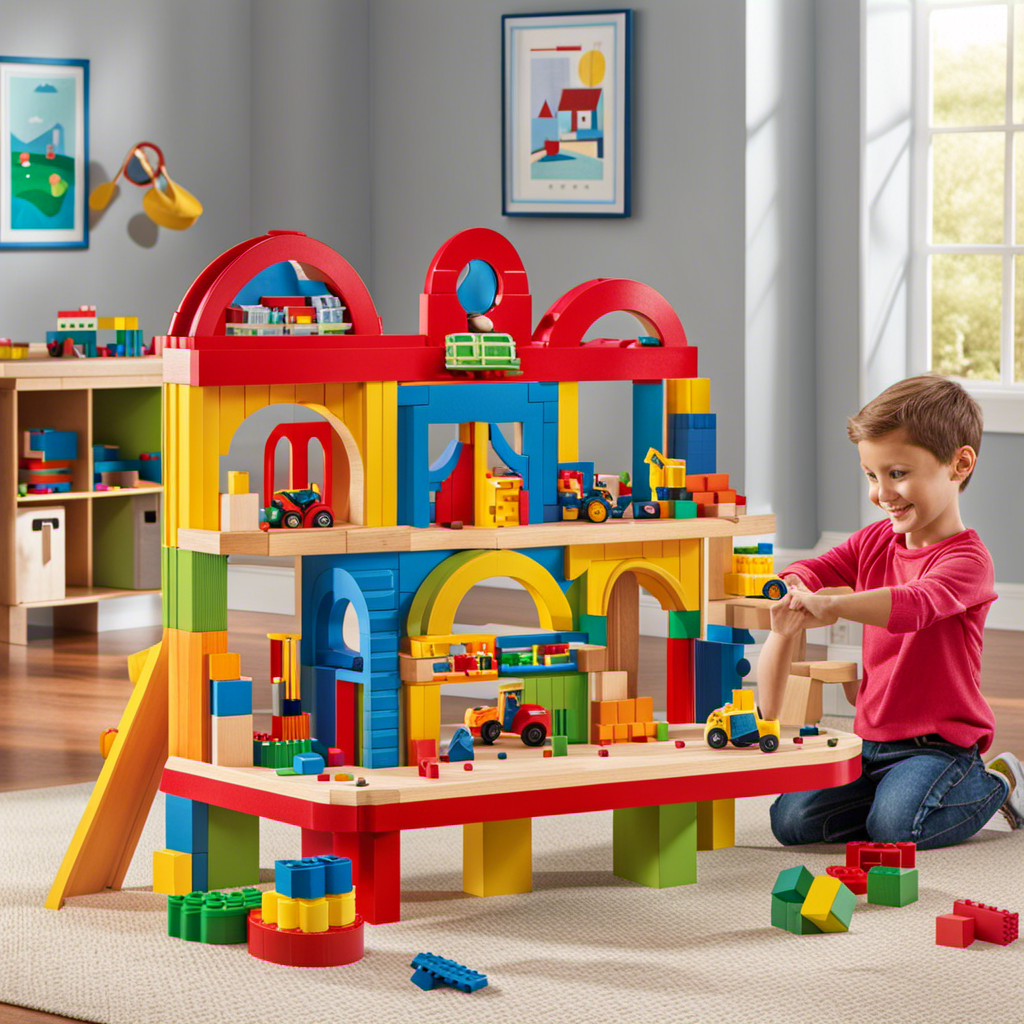 An image showcasing a vibrant playroom filled with an array of construction toys like colorful building blocks, miniature tool sets, and magnetic building sets to ignite the imagination of preschoolers