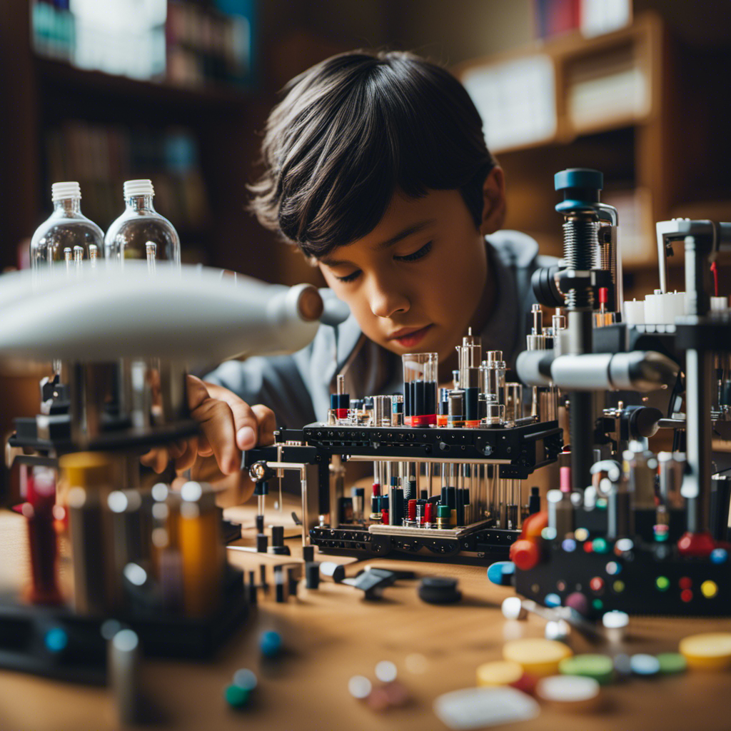 An image of a student immersed in hands-on experimentation, surrounded by a variety of STEM kits