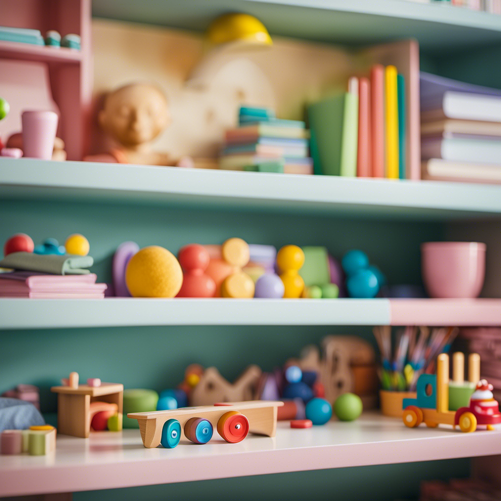 An image capturing the essence of a preschool classroom at the end of the day – neatly organized shelves adorned with colorful toys, covered by a soft, pastel-hued fabric, symbolizing the completion of playtime and the serenity that follows