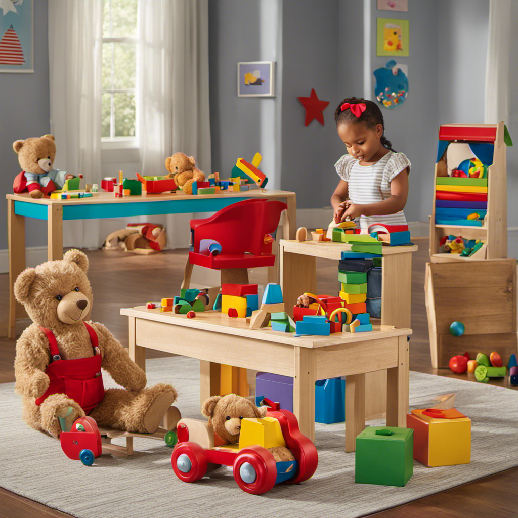 An image capturing a colorful, vibrant playroom filled with an array of classic preschool toys, from timeless wooden blocks to cuddly teddy bears, enticing young children with endless possibilities for imaginative play