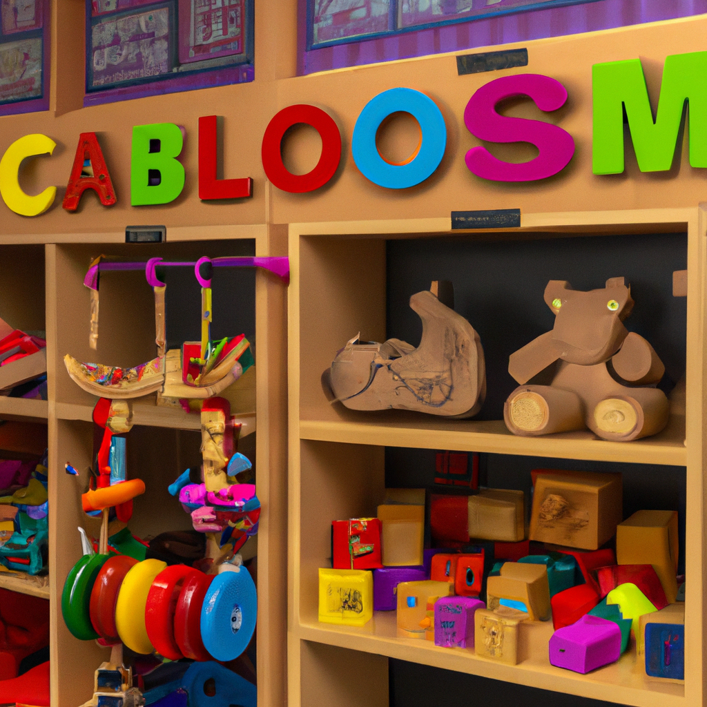 An image showcasing a colorful classroom filled with shelves holding a variety of preschool toys, from sensory blocks and shape sorters to magnetic letters and puzzles, inviting young learners to explore and discover through play