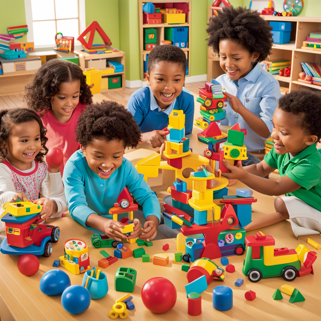 An image capturing the vibrant chaos of a preschool classroom, with children huddled together, animatedly exploring a colorful assortment of educational toys, their curious faces shining with excitement and wonder