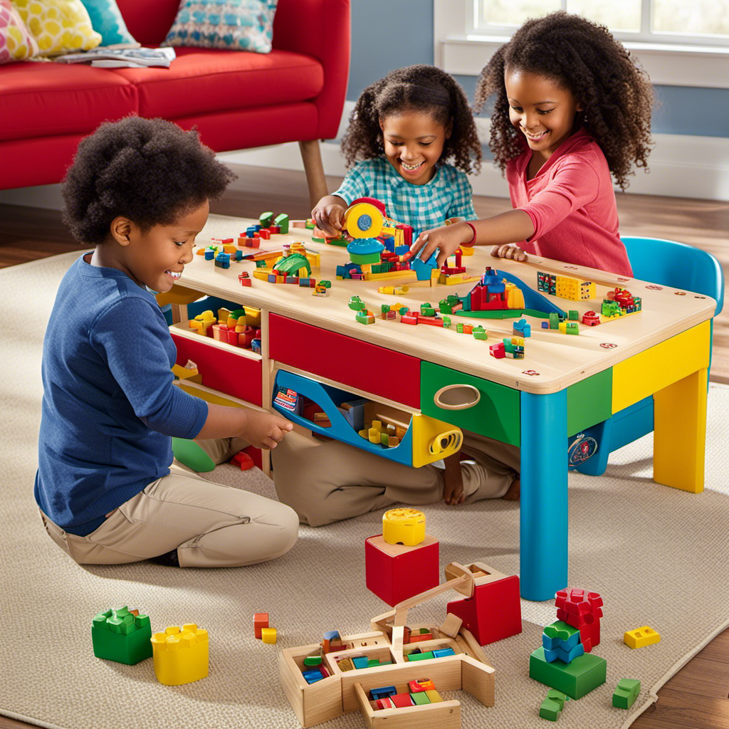 An image featuring a colorful play table adorned with interactive toys like building blocks, puzzles, pretend kitchen sets, and board games