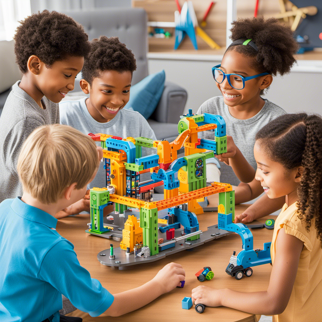 An image showcasing a diverse group of 8-year-olds immersed in hands-on STEM play with essential engineering toys