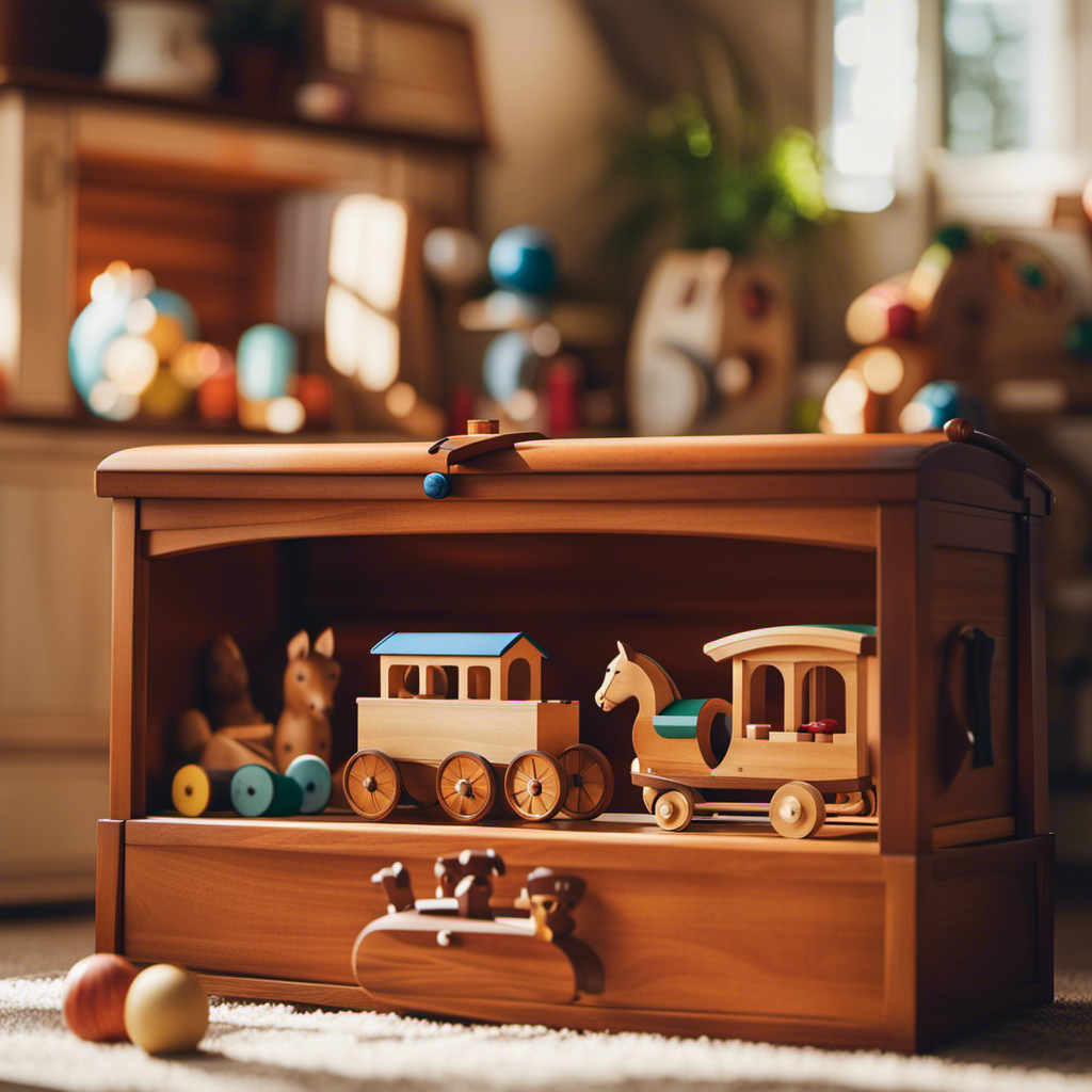 the essence of craftsmanship and play in an image: A sunlit room adorned with a handcrafted wooden toy chest, overflowing with whimsical wooden toys - a train, a doll, a rocking horse - inviting endless imagination and joy