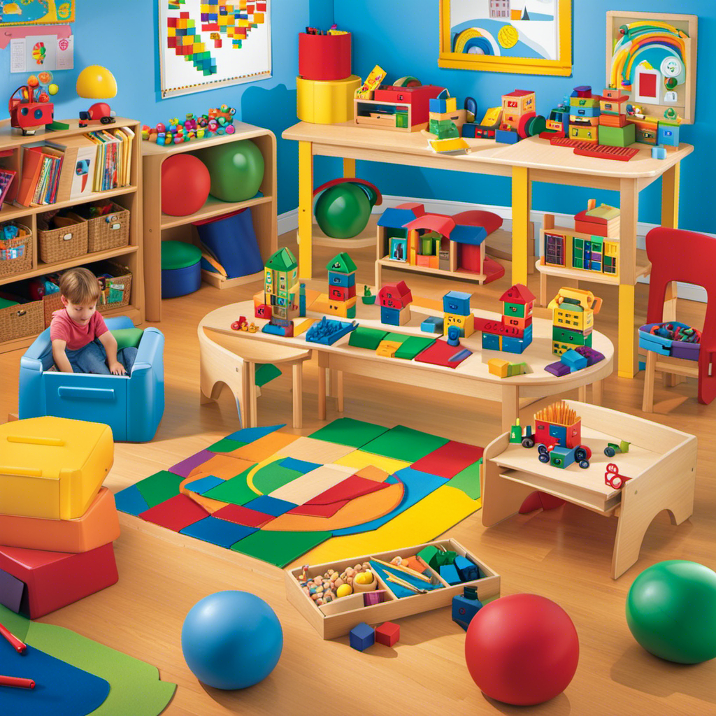 An image showcasing a colorful and dynamic classroom filled with a variety of engaging toys for preschoolers