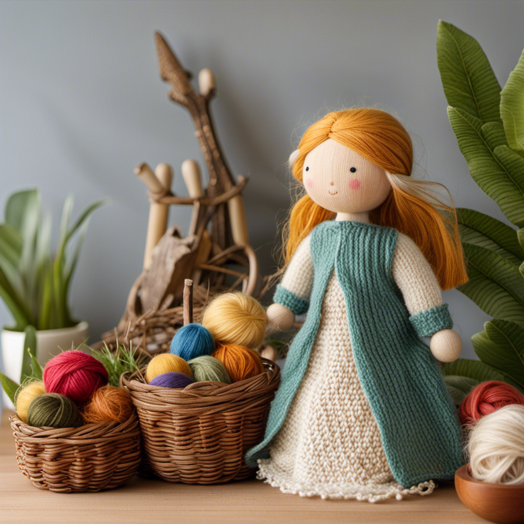 An image capturing the essence of Waldorf toys: a wooden, handcrafted doll with a serene expression, adorned in a hand-knit outfit, nestled in a lush, natural environment, surrounded by other enchanting, nature-inspired toys