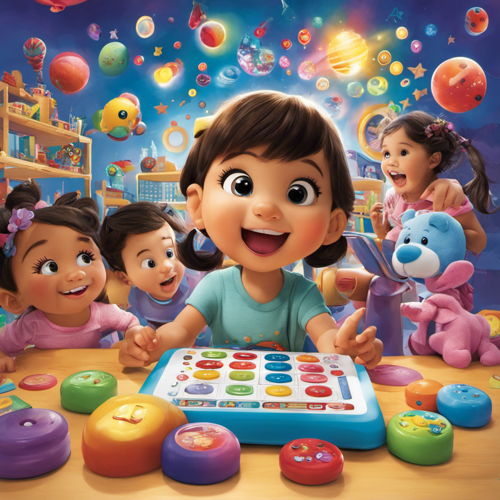 An image capturing the excitement on a preschooler's face as they interact with an electronic learning toy, surrounded by a colorful array of buttons, lights, and animated characters that spark their curiosity and joy