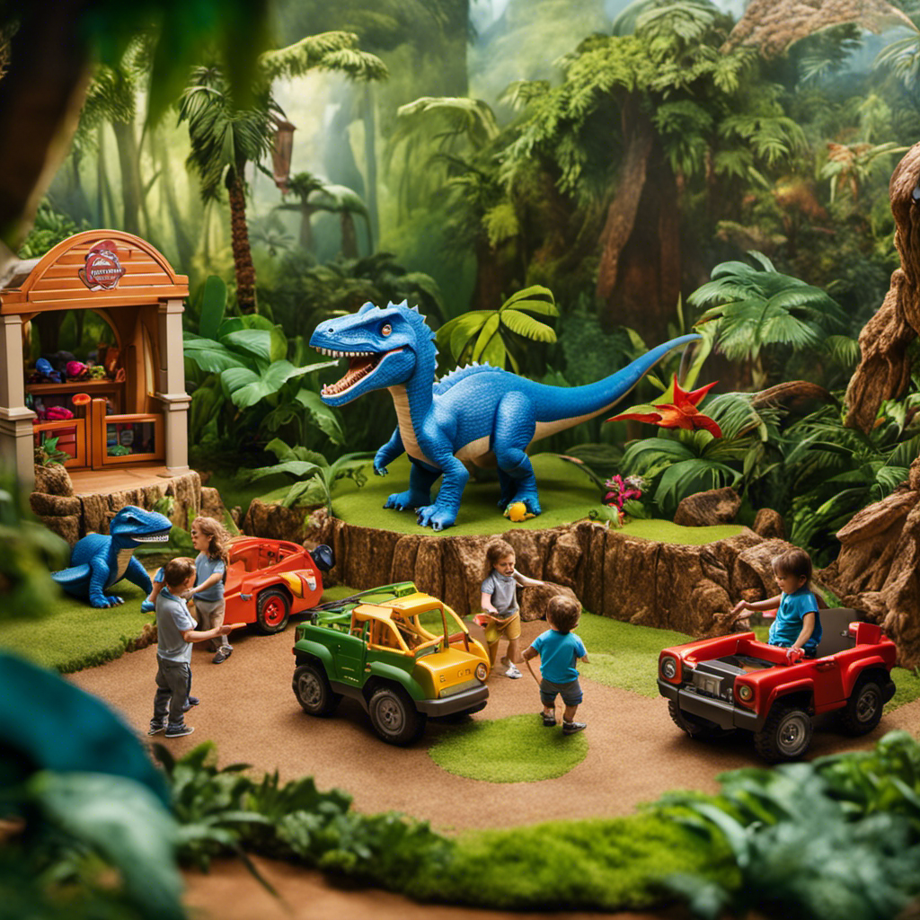 An image featuring a vibrant playroom scene: a group of preschoolers joyfully engaged in imaginative play with an array of Jurassic World dinosaur toys, surrounded by lush green landscapes and a backdrop of the iconic Jurassic Park gates
