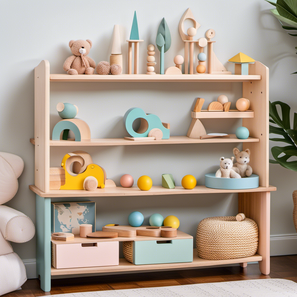An image showcasing a beautiful wooden Montessori toy shelf adorned with carefully curated, pastel-hued toys, inviting the eye to explore a world of elegance and refinement for the sophisticated one-year-old
