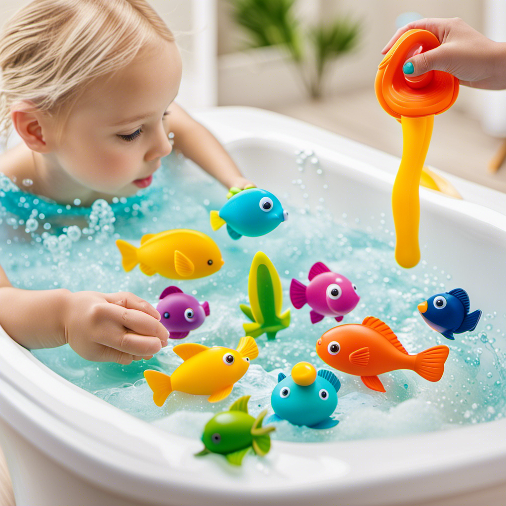 An image showcasing a vibrant, aquatic-themed Montessori bath toy set in action