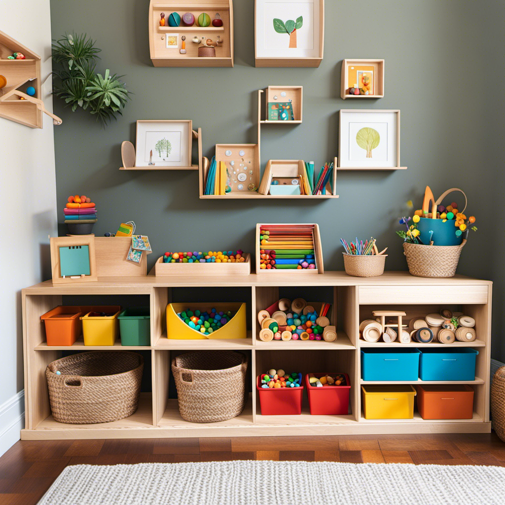 An image that showcases a colorful Montessori-inspired playroom, featuring shelves filled with open-ended wooden toys, natural materials, and inviting learning stations, igniting curiosity and creative exploration