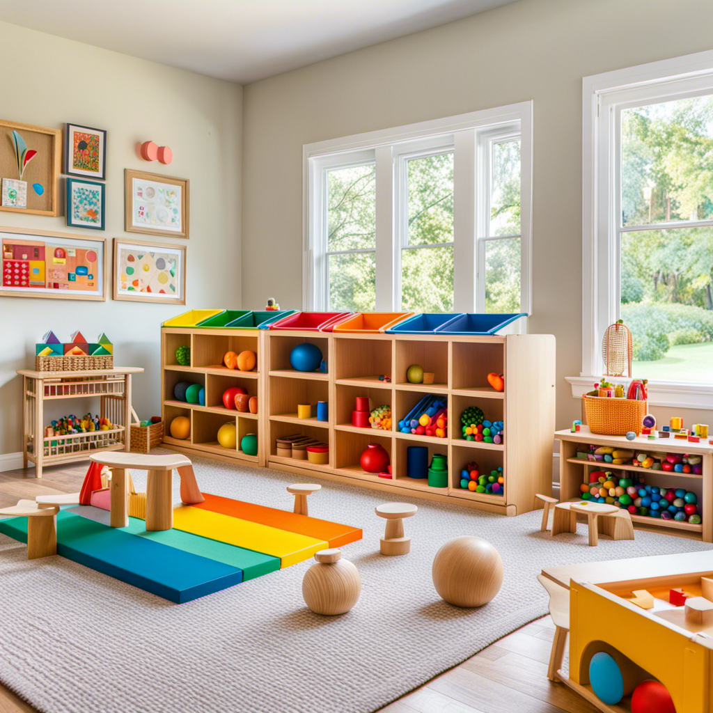 An image that showcases a colorful Montessori playroom with shelves lined with engaging toys, including a wooden shape sorter, stackable blocks, sensory balls, and a miniature kitchen set, encouraging holistic development