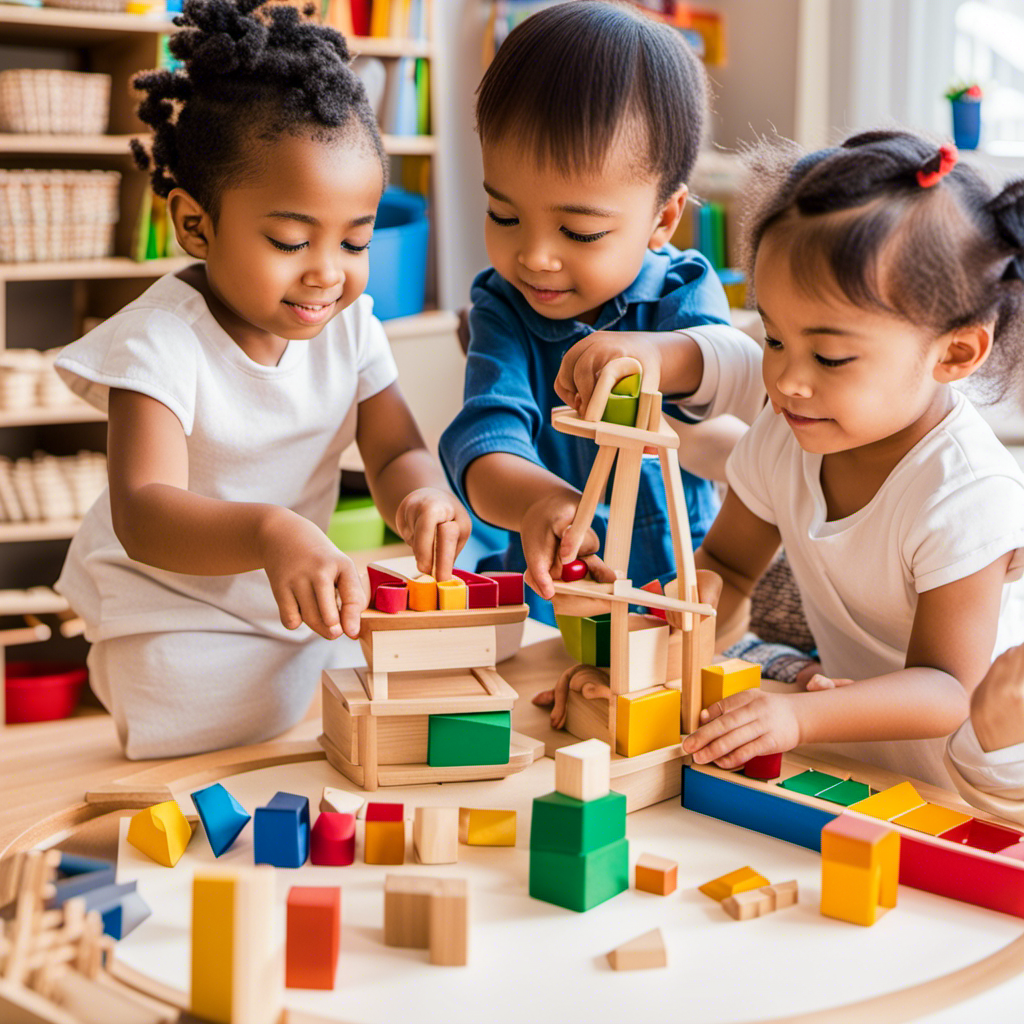An image showcasing a diverse group of 3-4-year-old children engaged in dynamic Montessori activities, surrounded by colorful materials, exploring sensory bins, building with blocks, and engaging in imaginative play