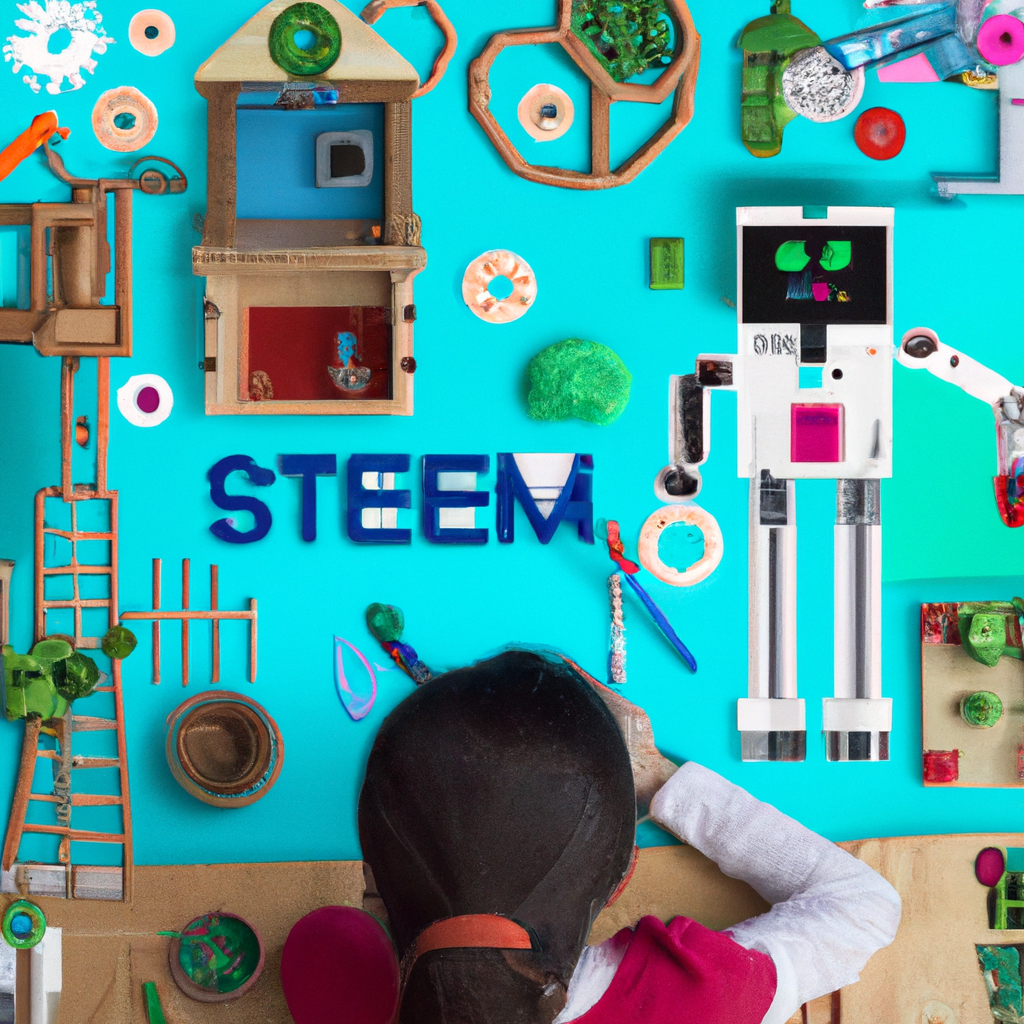 An image showcasing an eight-year-old child immersed in a world of STEM toys
