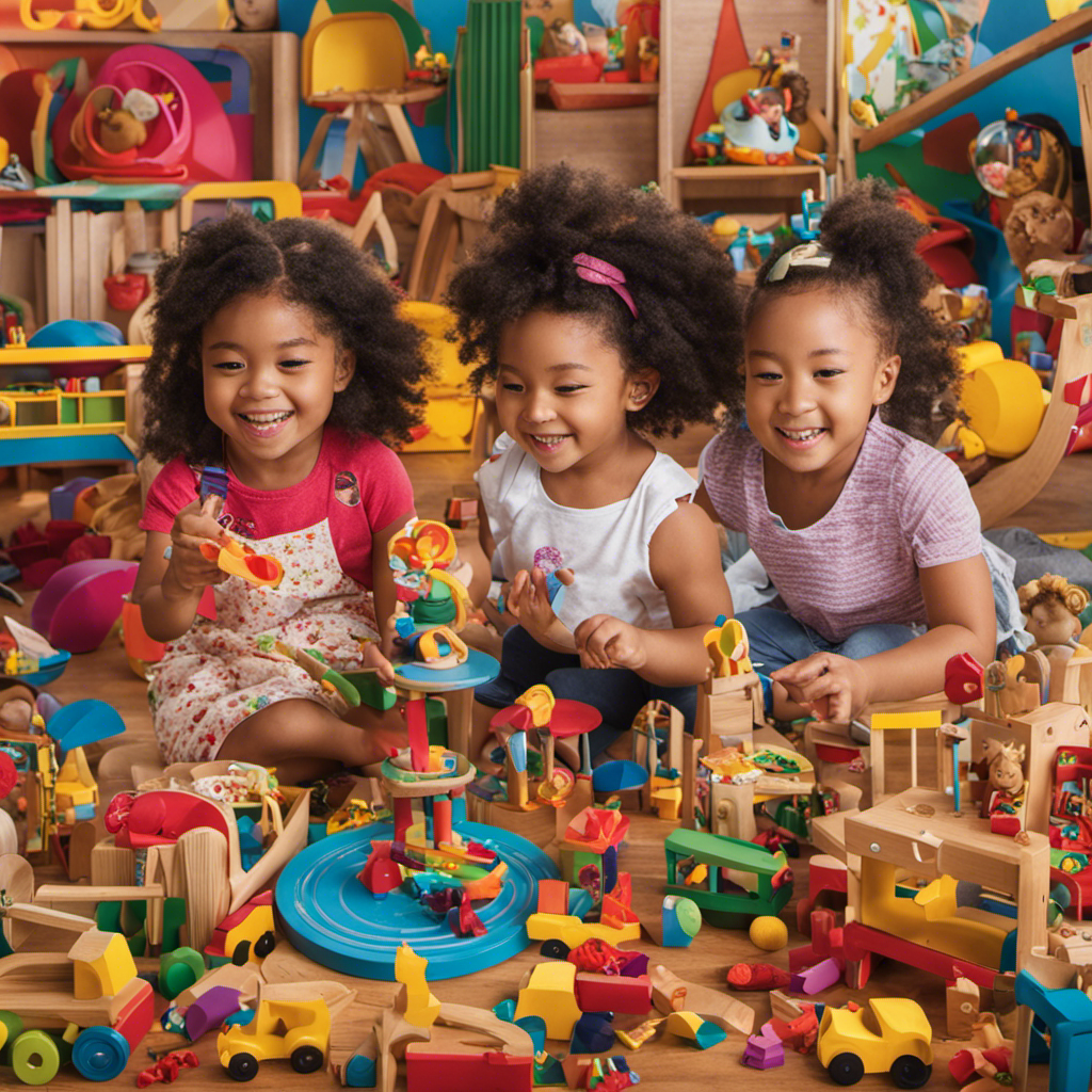 An image showcasing a group of preschool girls immersed in play, surrounded by a vibrant assortment of diverse toys representing various cultures, interests, and abilities, exemplifying empowerment and engagement