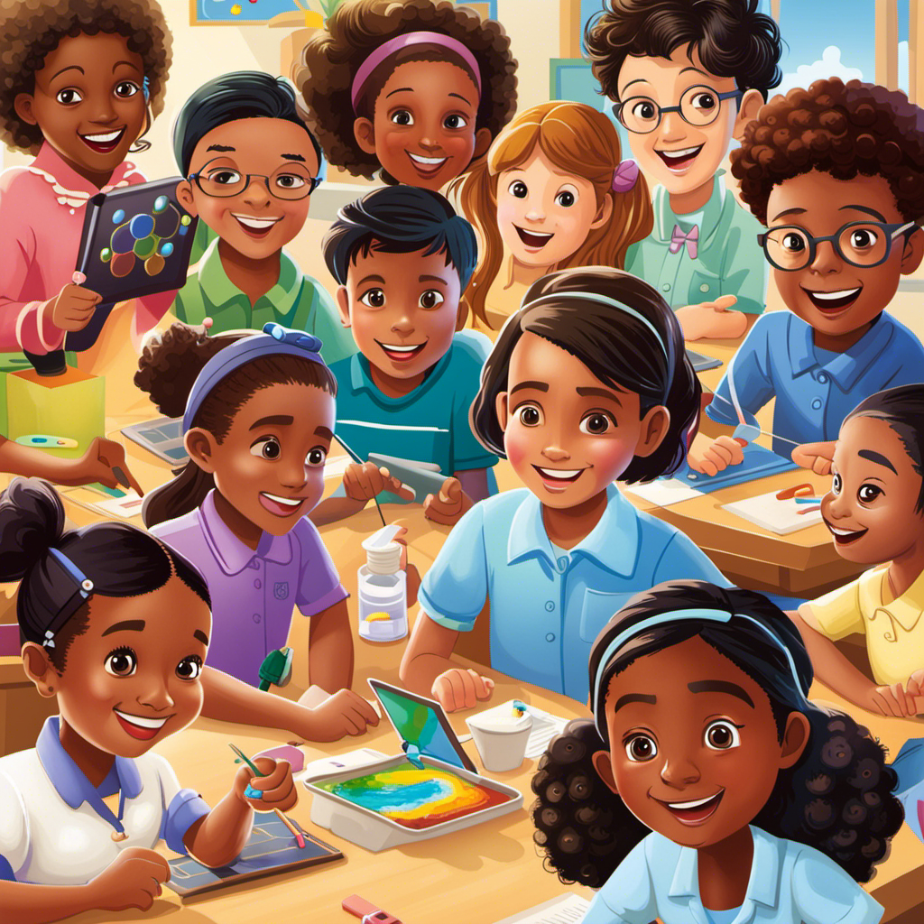 An image depicting a diverse group of children engaged in various personalized learning activities, such as coding, painting, and hands-on experiments, while their faces radiate confidence and joy