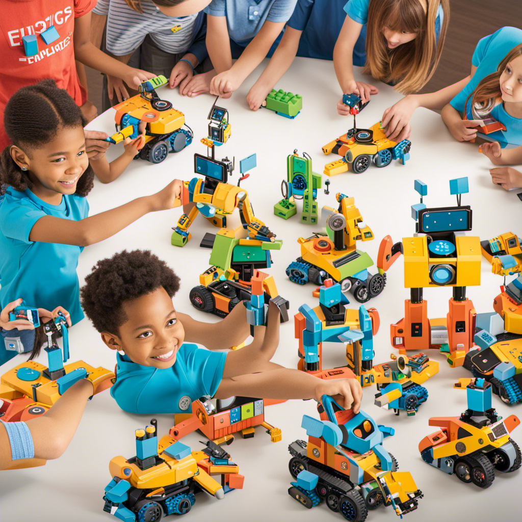 An image showcasing a diverse group of enthusiastic 7-year-olds engaged in hands-on STEM activities, surrounded by colorful robots, building blocks, and coding boards, fostering curiosity and empowerment