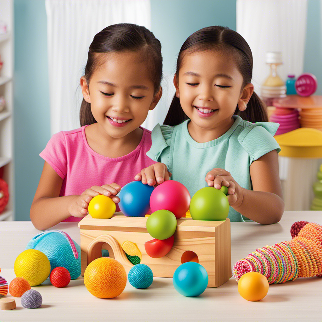 An image that showcases a colorful assortment of sensory toys, including squishy stress balls, textured puzzles, musical instruments, scented playdough, and brightly colored sensory bottles