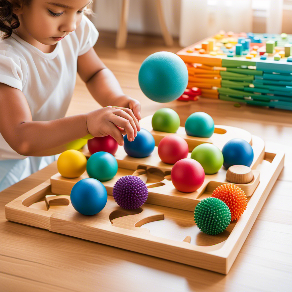 An image showcasing a diverse array of colorful Montessori sensory toys, including textured balls, wooden puzzles, and stackable blocks, inviting exploration and stimulating brain development in young children
